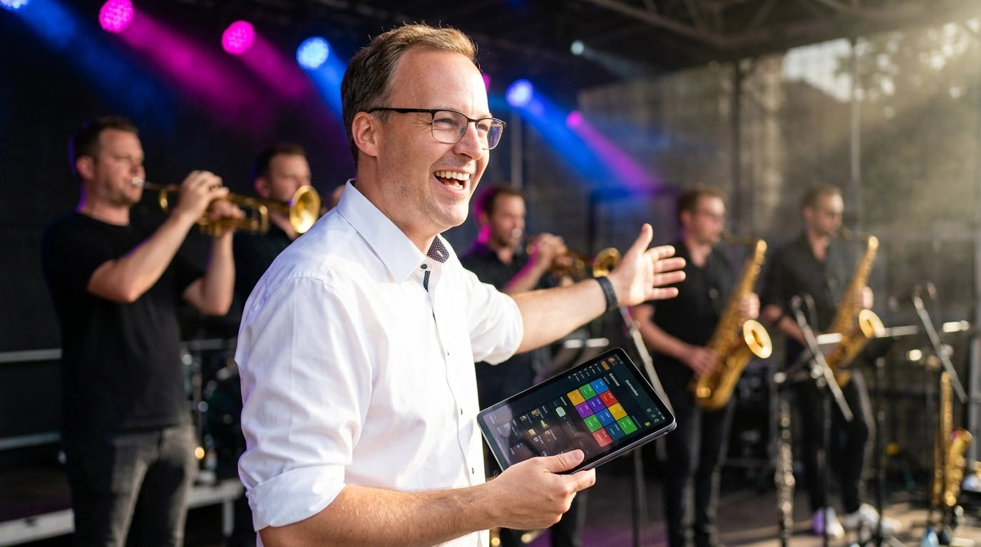 Reuben Avery holding a tablet during soundcheck with his band