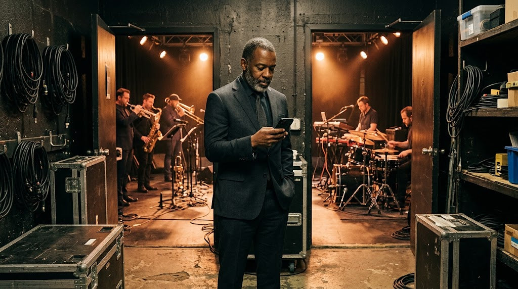 A bandleader stands in a venue back corridor checking his phone, with two open doorways behind him leading to two different lit stages, a horn section setting up through one and a drum kit and keyboard through the other