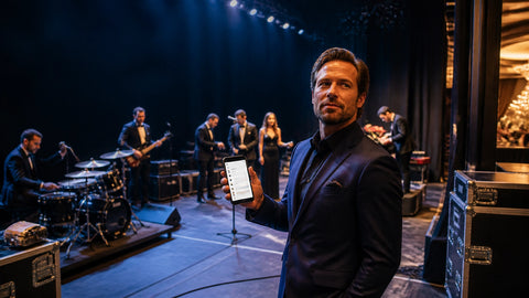 Bandleader reviewing a confirmed musician roster backstage before a live event