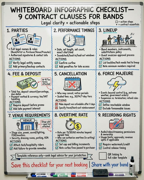 Whiteboard checklist of the nine clauses every wedding band contract needs: parties, timings, lineup, fee and deposit, cancellation, force majeure, venue requirements, overtime rate, and recording rights.