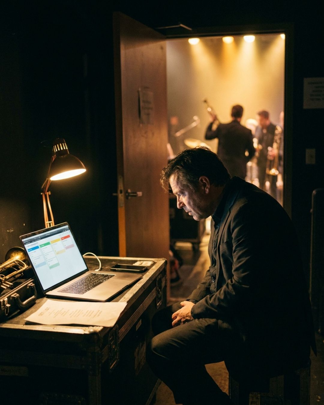 A bandleader sits at a road case backstage under a desk lamp, working on a laptop while his horn section performs on the lit stage through the open doorway behind him