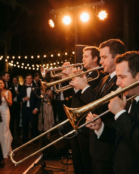 A live wedding band mid-performance on a warmly lit stage, horn section playing to a full room