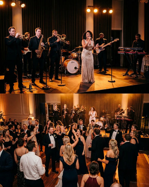 A full event band with a horn section performing on a lit stage at an upscale wedding reception, with a packed dance floor of guests below