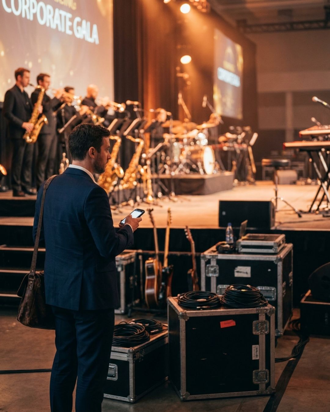 A bandleader in a suit checks his phone beside a stage while a horn section and rhythm section set up for a corporate gala, road cases and cables in the foreground