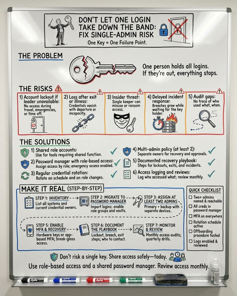 Whiteboard-style infographic showing why one bandleader holding every login is a single point of failure for a band business